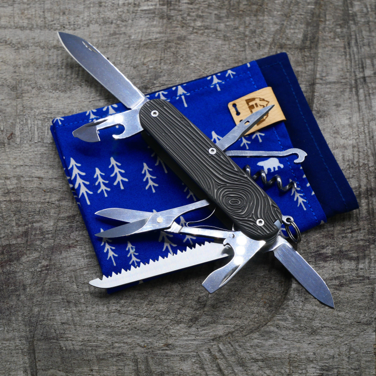 WOOD - HUNTSMAN - dark wash - fertig montiertes Taschenmesser - Titan Grade 5  (Ti 6AI 4V)  - 91mm